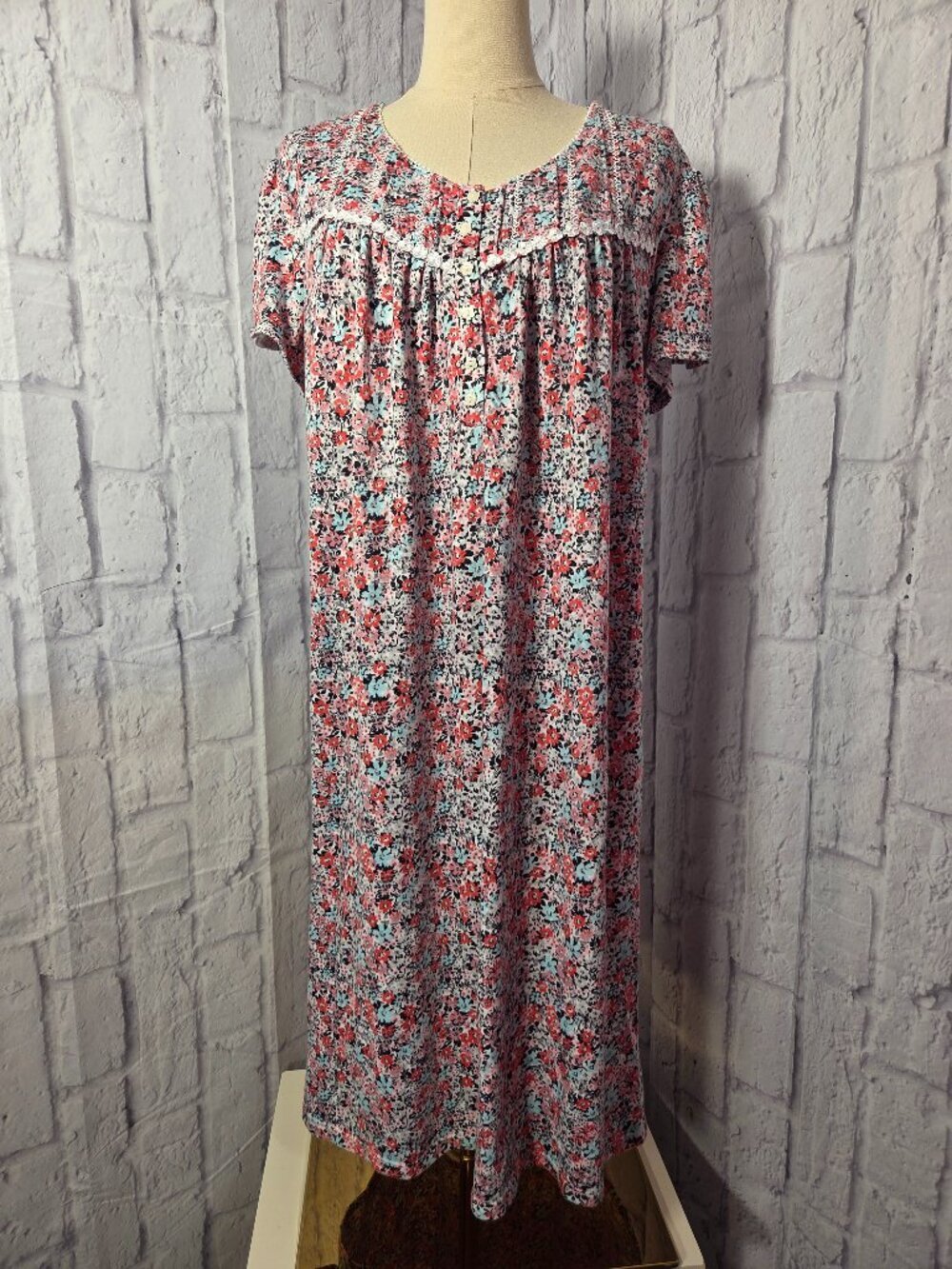 Large Pink Blue Floral Shortsleeve Summer Fall Long Nightgown